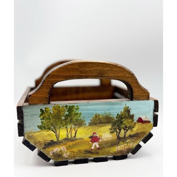 Vintage Wooden Slat Basket w/ Handles Hand Painted Outdoor Farm Scene Dark Wood - Picture 1 of 10